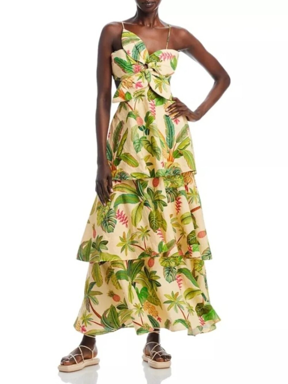 NWT FARM Rio Fruit Forest Linen Blend Maxi Dress XL Tropical Cutout Ruffle Sand - Picture 3 of 11